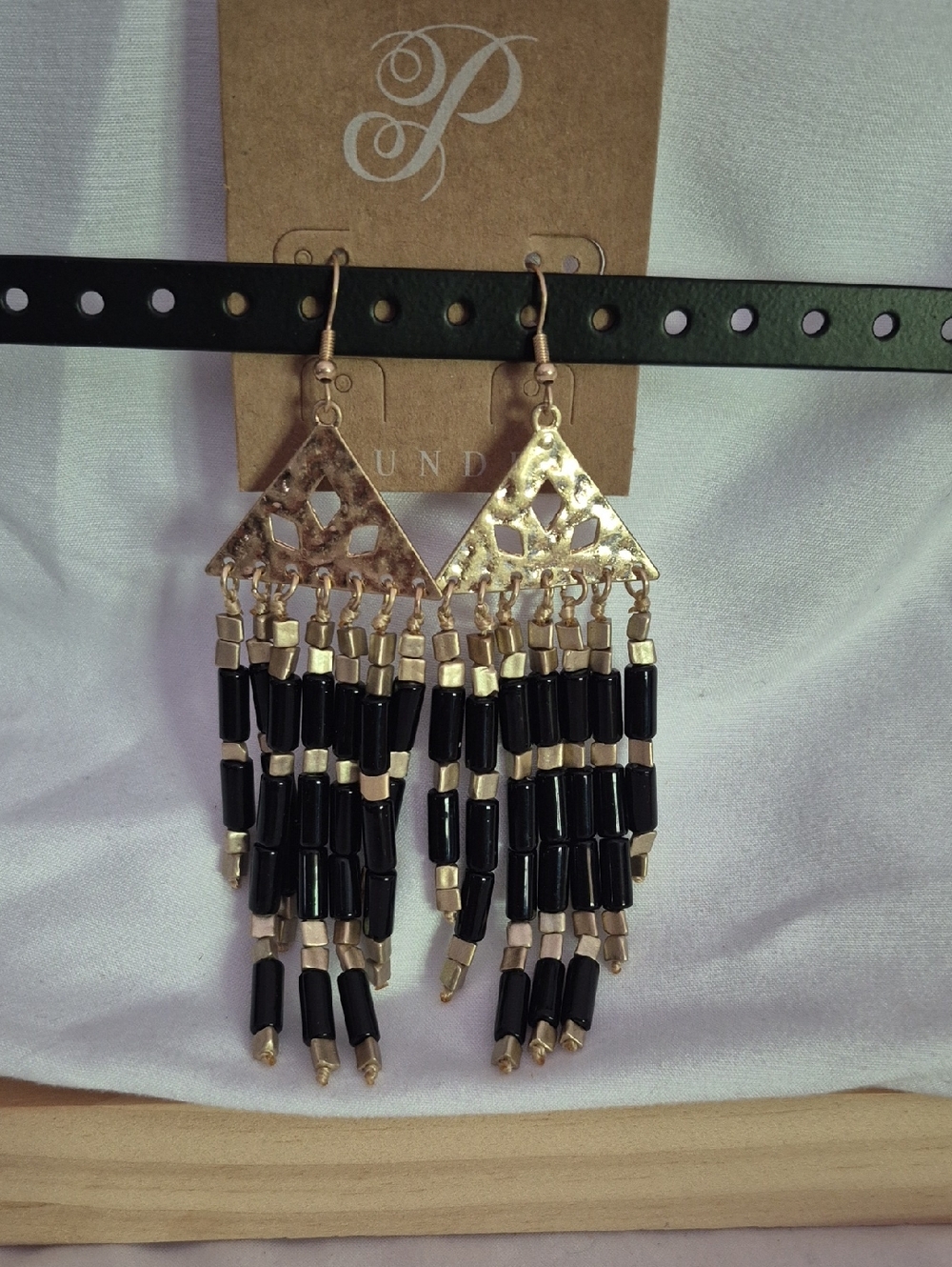 Gold and Black Beaded Fringe Earrings